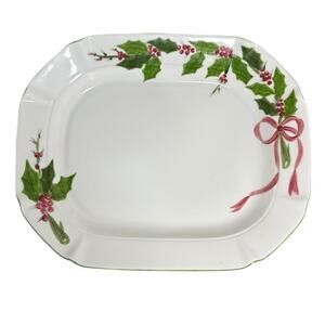 N.S. Gustin Pottery Large Serving Platter 16"‎ Holly Christmas USA Discontinued